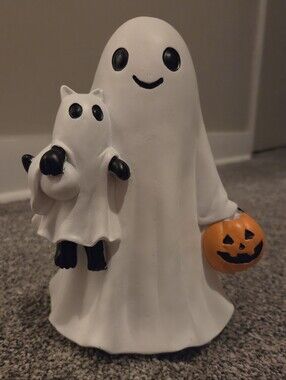 Cute Ghost Figurine Holding Ghost Cat with Pumpkin Halloween Spooky